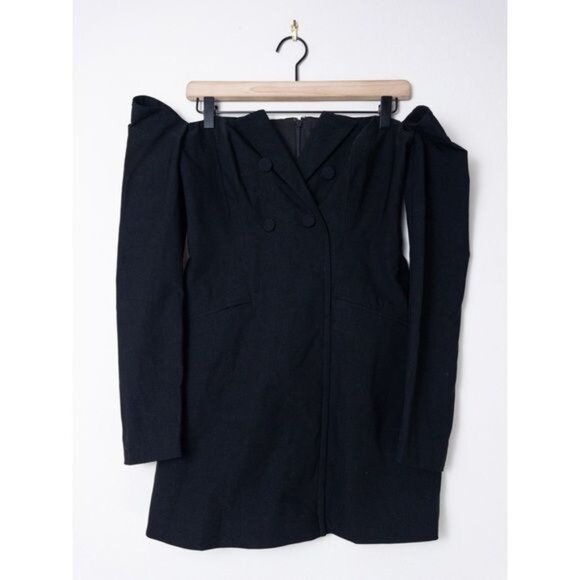 NEW NBD Double Breasted Crepe Blazer Mini Dress S Black Off The Shoulder - Picture 2 of 8